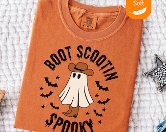 Comfort Colors® Boot Scootin Spooky Tee, Halloween Ghost Shirt, Cowboy Ghost Shirt, Halloween Cute Spooky T-Shirt, Western Halloween Shirt