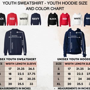 May include: A size and color chart for youth sweatshirts and hoodies. The chart displays various colors: black, red, white, and navy. Measurements are in inches, including width, length, and sleeve dimensions for sizes S, M, L, and XL.