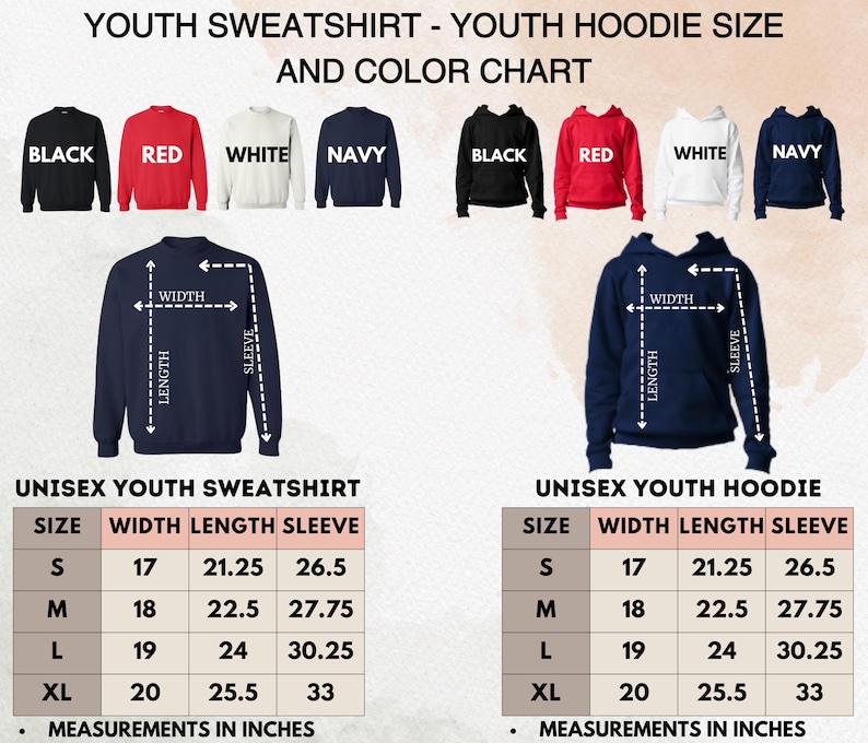 May include: A size and color chart for youth sweatshirts and hoodies. The chart displays various colors: black, red, white, and navy. Measurements are in inches, including width, length, and sleeve dimensions for sizes S, M, L, and XL.