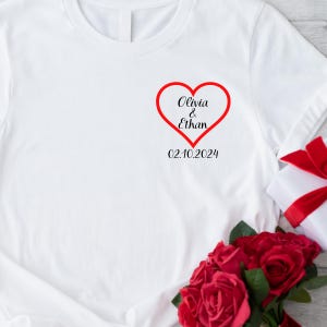 Personalized Valentine&#39;s Day Heart Pocket T-shirt, Custom Couple T-shirt with Names and Date, Custom Cute Valentine&#39;s Day Gift for Her