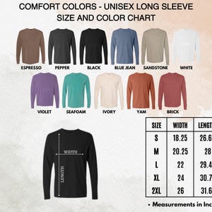 K&ouml;nnte beinhalten: Eine Farbtabelle f&uuml;r Unisex-Langarmshirts. Farben sind Espresso, Schwarz, Blue Jean, Wei&szlig;, Violett, Seafoam, Ivory, Yam und Brick. Gr&ouml;&szlig;entabelle zeigt Ma&szlig;e in cm f&uuml;r Breite und L&auml;nge.