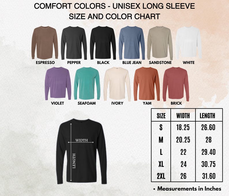 K&ouml;nnte beinhalten: Eine Farbtabelle f&uuml;r Unisex-Langarmshirts. Farben sind Espresso, Schwarz, Blue Jean, Wei&szlig;, Violett, Seafoam, Ivory, Yam und Brick. Gr&ouml;&szlig;entabelle zeigt Ma&szlig;e in cm f&uuml;r Breite und L&auml;nge.