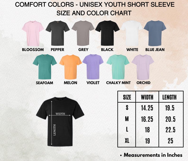 May include: A color chart for unisex youth short sleeve t-shirts. Colors include Blossom, Pepper, Grey, Black, White, Blue Jean, Seafoam, Melon, Violet, Chalky Mint, and Orchid. Size chart shows width and length measurements in inches.