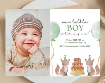 May include: A baby boy smiles in a photo next to a birthday invitation. The invitation features green balloons, watercolor foxes, a cake, and the text "our little BOY is turning one!" with event details.