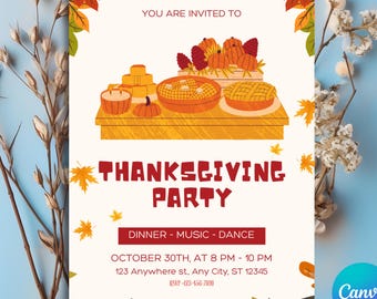 Invito alla festa del Ringraziamento, modello modificabile per cena con musica e ballo, festa autunnale e foglie autunnali, stampabile per il Ringraziamento tra amici, Canva, PMS0144