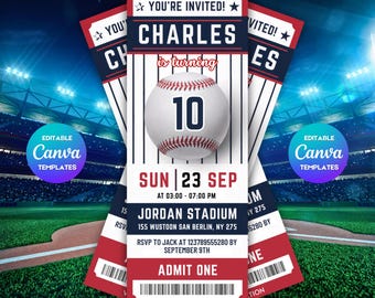 Biglietto d'invito personalizzato per compleanno a tema baseball, download digitale di compleanno, invito modificabile per festa sportiva, tema baseball per ragazzi stampabile, PMS0055