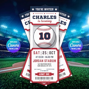 Op de afbeelding: Een rode, witte en blauwe baseball-ticketuitnodiging voor een verjaardagsfeestje. Het ticket zegt "U bent uitgenodigd!" en "Charles wordt 10 jaar". Het ticket zegt ook "Za | 25 | Okt" en "Jordan Stadium".