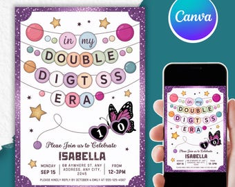 Double Digit Birthday Invitation, 10th Birthday Party Invite, Butterfly and Stars Design, Personalized Digital Invitation, CANVA, PMS0047