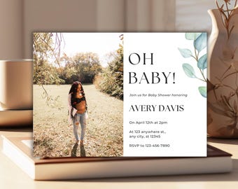 Modern Baby Shower Invitation with Photo, Editable Minimalist Template, Oh Baby, Simple Invite for Boy or Girl, Instant Download, PMS0221