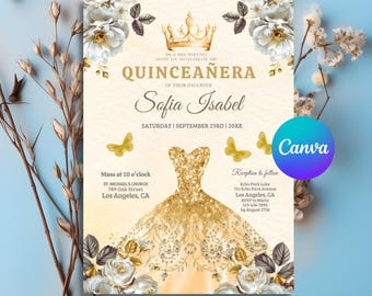 Invito Quinceañera, MODIFICABILE Abito Glitter Oro Mis Quince Años Modello Invito, 15esimo Compleanno, Download istantaneo, PMS0280