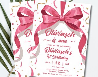 Editable Pink Bow Birthday Invitation, Birthday Party Invitation, Girls Birthday Party, Baby Birthday Celebration, Canva Template, PMS0091