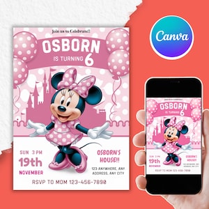 Minnie Mouse Geburtstagseinladung, Geburtstagsparty einladen, personalisierte Minnie Mouse Printable, sofortiger digitaler Download, Rosa Minnie Theme