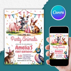 Party Animal Birthday Invitation, Party Animals Theme Cute Animal Party Invite, Pig, Rabbit, Duck, Personalized Digital Invitation