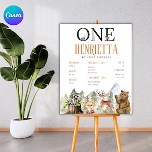 Woodland First Birthday Sign Girl, Editable Milestone Poster, Forest Animals Party Decor, 1st Birthday Stats Board, Milestone Sign, Canva