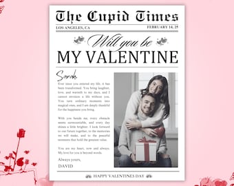Valentines Day Newspaper Template, Will You Be My Valentine, Cupid Valentine Newspaper, Valentines Day Card, Valentines Day Gift, PMS0227