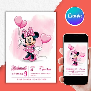 Bearbeitbare Minnie Mouse Geburtstagseinladung, Aquarell Mädchen Geburtstag einladen, druckbare Einladung, Rosa Minnie lädt ein, Canva Vorlage