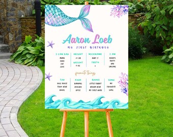 May include: A personalized mermaid-themed first birthday sign on an easel. The sign features a watercolor mermaid tail, the name "Aaron Loeb", and sections for height, weight, and favorite things. The sign is decorated with watercolor waves and starfish.
