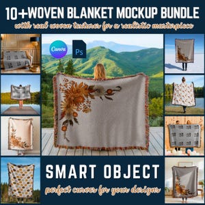 10+ Woven Blanket Mockup Bundle Canva Photoshop Woven Throw Blanket Mockup Heirloom Blanket Mockup Jacquard Fringed Woven Blanket - PMS0207 image 1