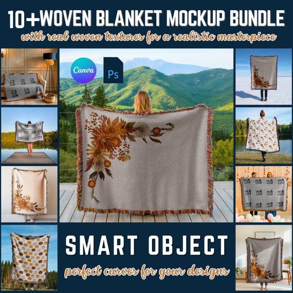 10+ Woven Blanket Mockup Bundle Canva Photoshop Woven Throw Blanket Mockup Heirloom Blanket Mockup Jacquard Fringed Woven Blanket - PMS0207