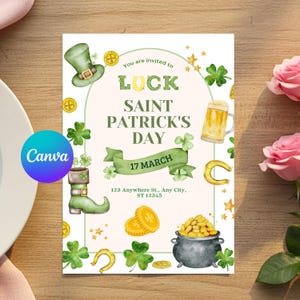 Puede incluir: Una invitación del Día de San Patricio con un sombrero verde, tréboles, una jarra de cerveza y una olla de oro. El texto dice "Luck Saint Patrick's Day 17 March". El logotipo de Canva es visible.