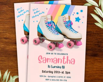 Editable Roller Skating Birthday Invitation, Girl Roller Skating Invitation, Pink Purple Girl Kids Skate Birthday Party, Canva, PMS0039