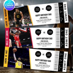 May include: Three printable basketball ticket templates with a black and white design. Each ticket has a team logo placeholder, the words "Happy Birthday Dad" and "From Your Kids", and the date and time of the game. The tickets are for the Lakers vs. the Heat, the Lakers vs. the Warriors, and the Bulls vs. the Lakers.