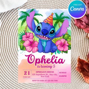Plantilla de invitación de cumpleaños de Stitch, invitación para fiesta de Lilo y Stitch, tarjeta de cumpleaños editable para niña, descarga instantánea, invitación de cumpleaños imprimible