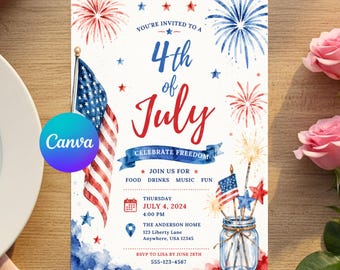4th of July Party Invitation Template, Fourth of July Invite, Independence Day Summer Celebration, Instant Download - PMS0303