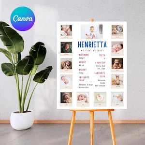 First Birthday Milestone Board with Photos, My First Year Stats Poster, 12 Month Photo Collage Template, Printable Milestone Board, Canva