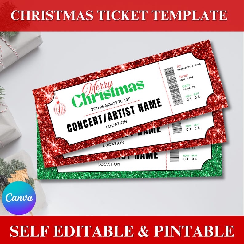 surprise concert, concert ticket gift, concert ticket, christmas ticket, christmas voucher, event ticket, gift voucher, editable ticket, printable ticket, ticket template, christmas gift, editable template, instant download