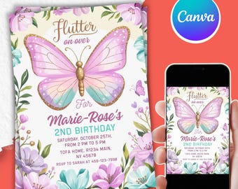 Butterfly Birthday Invitation, Magical Party, Purple and Pink Butterfly Design, Floral First Birthday Invite, Personalized, Canva, PMS0085