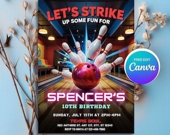 Invito modificabile per festa di compleanno a tema bowling, invito per compleanno a tema bowling per bambine/bambini, invito per festa a tema bowling, stampabile, download immediato, PMS0078