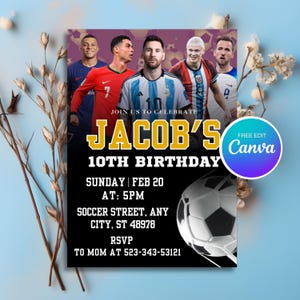 Modèle modifiable d'invitation d'anniversaire de football, fête sportive personnalisée, stars du football, Messi, Ronaldo, Mbappé, RSVP imprimable