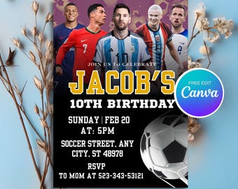 Plantilla editable de invitación de cumpleaños de fútbol, fiesta deportiva personalizada, estrellas del fútbol, Messi, Ronaldo, Mbappé, RSVP imprimible, PMS0062