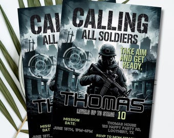 Editable Airsoft Party Invitation, Camo Military Flyer, Airsoft Game Ammo and Gun Invite, Army Birthday Theme Evite, Military Party, PMS0075