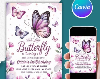 May include: A birthday invitation featuring a watercolor design with butterflies in shades of purple and pink. The text reads "Our Little Butterfly is turning 1" and invites guests to celebrate Olivia's 1st birthday. The invitation is displayed on a smartphone.