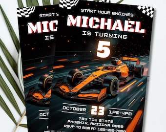 Modello di invito di compleanno per auto da corsa, invito di compleanno per auto sportiva, invito di compleanno per auto da corsa, auto da corsa, accendi il motore, Canva, PMS0027
