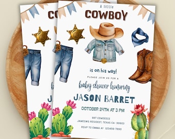 Editable A Little Cowboy Baby Shower Invitation, Wild West Baby Shower Invite, Cowboy Baby Shower Invitation, Rodeo Baby, CANVA, PMS0112