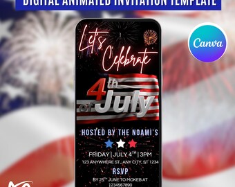 Puede incluir: Una plantilla de invitación animada digital para el 4 de julio, con fuegos artificiales y un diseño de bandera estadounidense. La invitación incluye detalles del evento e información de RSVP. El logotipo de Canva es visible.