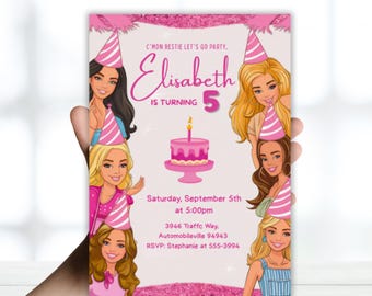 Editable Doll Birthday Party Invitation, Let's Go Party Template, Girl's 5th Birthday, Pink Glitter Glam Invite, Instant Download, PMS0084