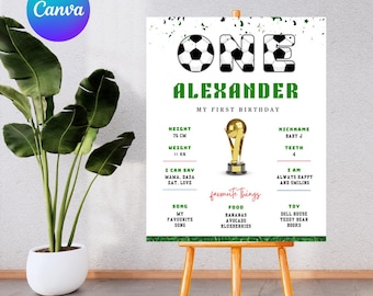 Soccer First Birthday Milestone Sign, Editable 1st Birthday Stats Poster, Goal ONE Party Decor, Milestone Board, Instant Download, PMS0200