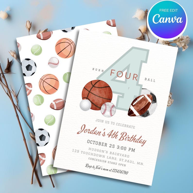 boy sports invite, soccer party invite, sports theme invite, all star invitation, sports party invite, baseball party, basketball birthday, sports invitation, editable invitation, football party, sports birthday, boy fourth birthday, boy 4th birthday