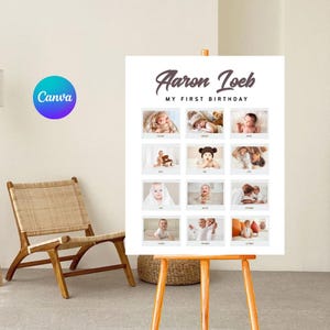 Editable Minimalist First Birthday Milestone Sign, Printable Baby&#39;s First Year Poster, Editable 1st Birthday Milestone Board, Photo Collage
