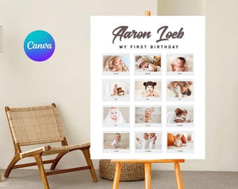 May include: A white poster on an easel featuring a collage of baby photos. The poster has the text "Aaron Loeb" and "MY FIRST BIRTHDAY" in a script font. The photos are arranged in a grid, each labeled with a month.