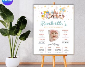 Party Animals First Birthday Milestone Sign, Woodland Birthday Stats Poster with Photo, Printable Milestone Board, Milestone Sign, PMS0168