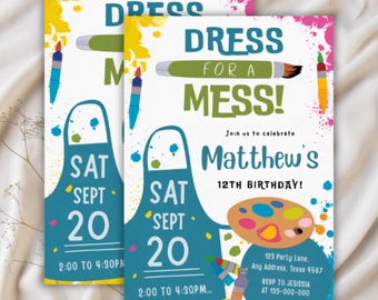 Redigerbar konstfödelsedagsinbjudan, Dress for a Mess-födelsedagsinbjudan, inbjudan till tjejmålningsfest, hantverksfestinbjudan, Canva, PMS0089
