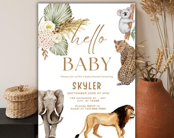 Safari Baby Shower Invitation, Wild One is on the Way Baby Shower Invite, Safari Animals Baby Shower Invitation template, CANVA, PMS0118