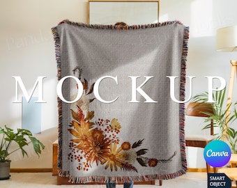 Woven Blanket Mockup Photoshop, Woven Throw Blanket MockUp, Print on Demand blanket Mock Up PSD, Smart Object Woven Blanket Mockup Canva