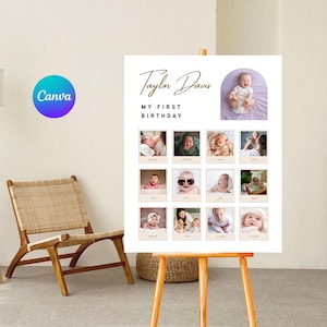 Minimalist 1st Birthday Milestone Sign, Printable Baby&#39;s First Year Poster, Editable 1st Birthday Milestone Board, Photo Collage Template