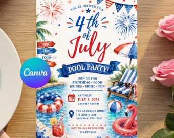 Invito modificabile per la festa in piscina del 4 luglio, invito per la festa dell'Indipendenza, festa in piscina, festa in piscina stampabile, download immediato - PMS0305